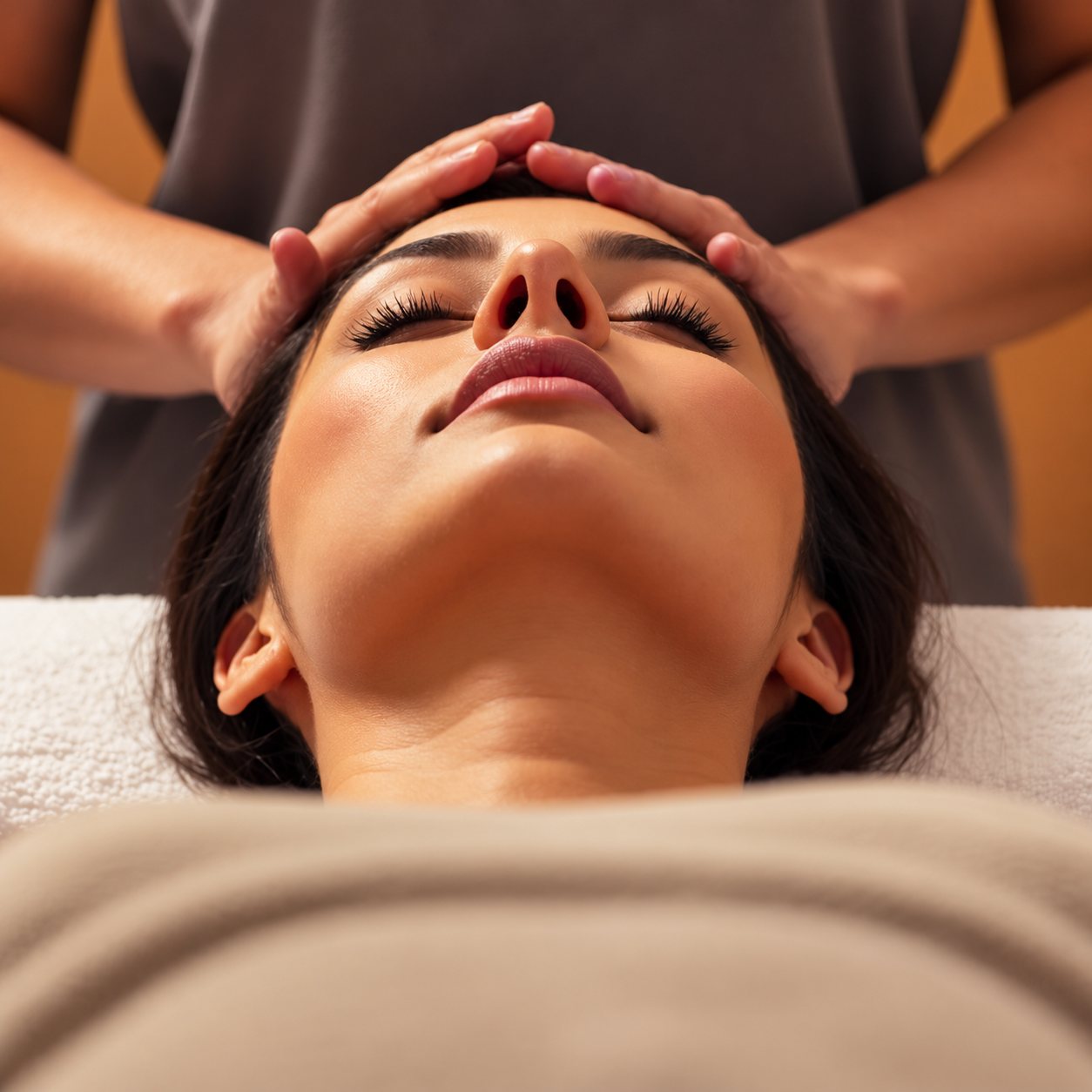 Femme allongée recevant un massage du visage dans un institut.