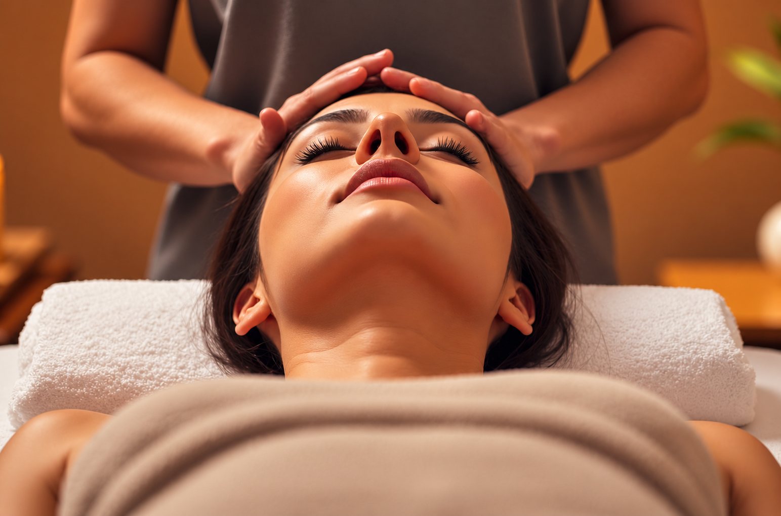 Femme allongée recevant un massage du visage dans un institut.