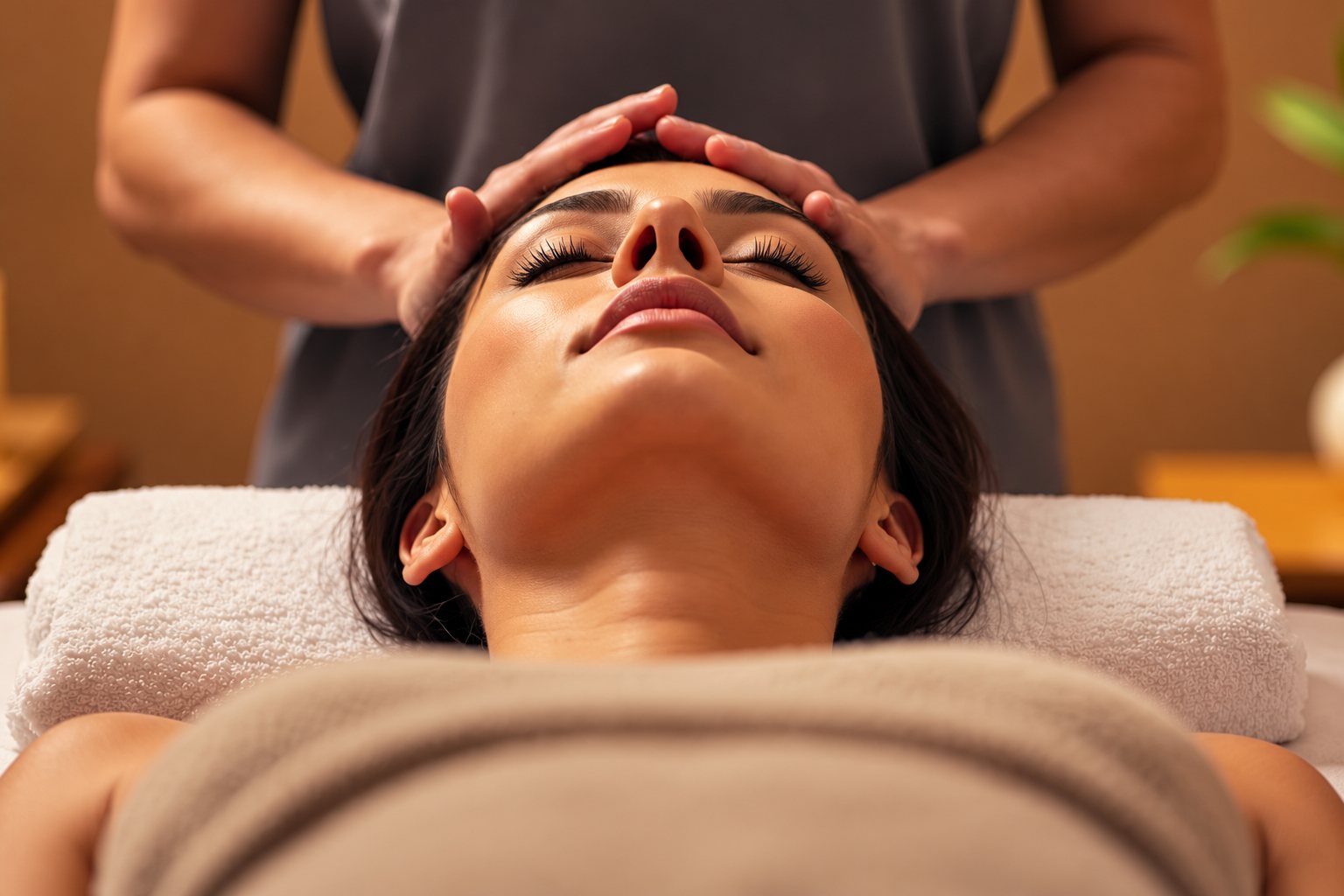 Soin relaxant du visage et de la tête dans un spa.