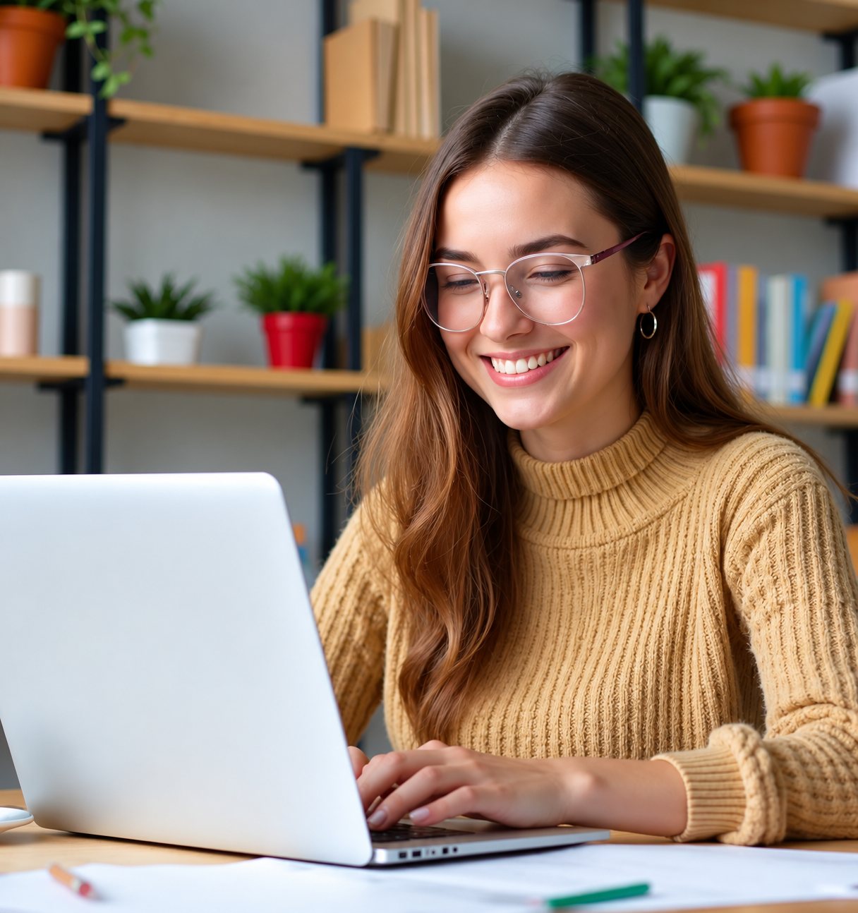 Femme souriante devant un ordinateur portable dans un bureau.
