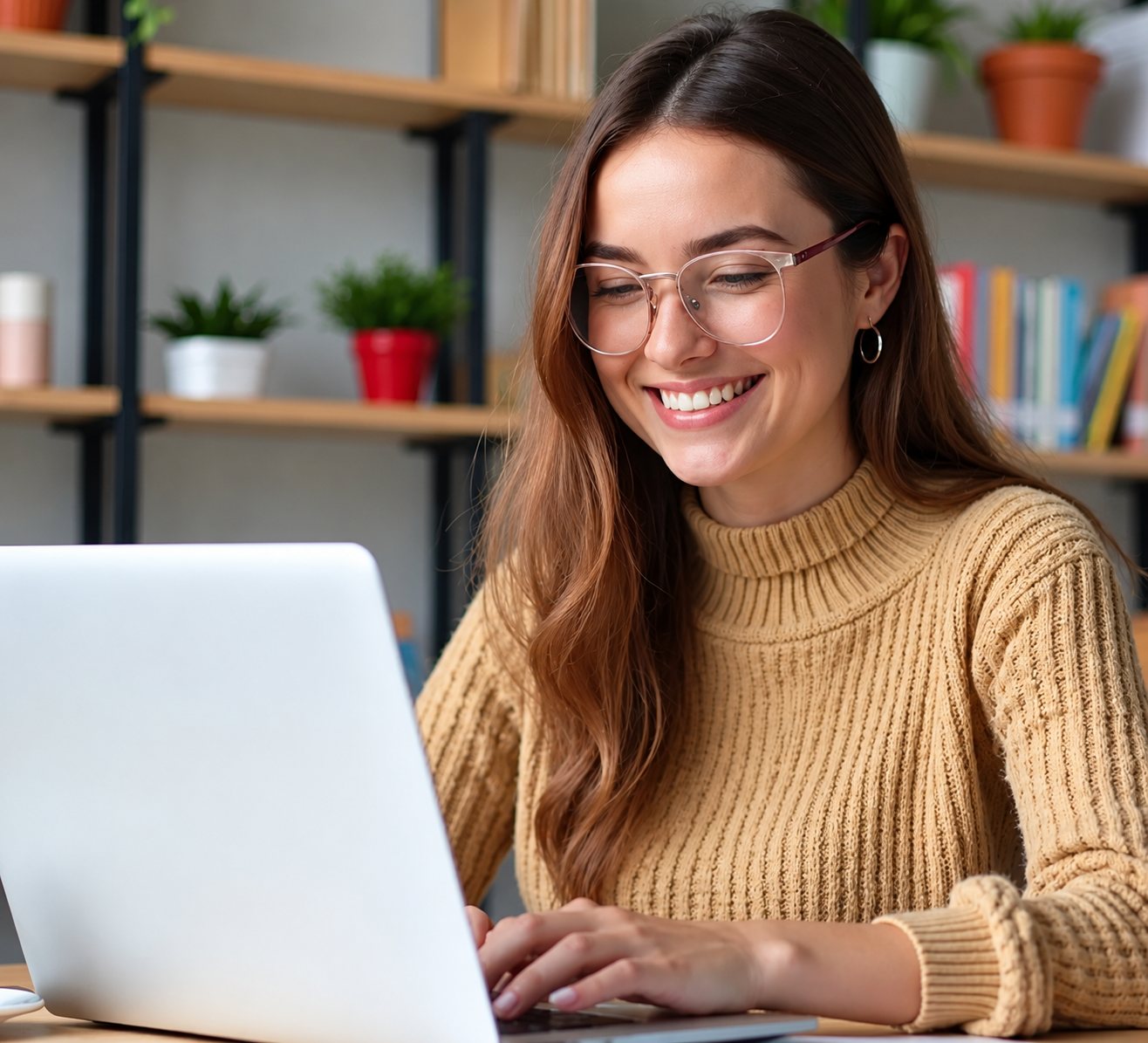 Jeune femme souriante devant un ordinateur portable, étagères en arrière-plan.