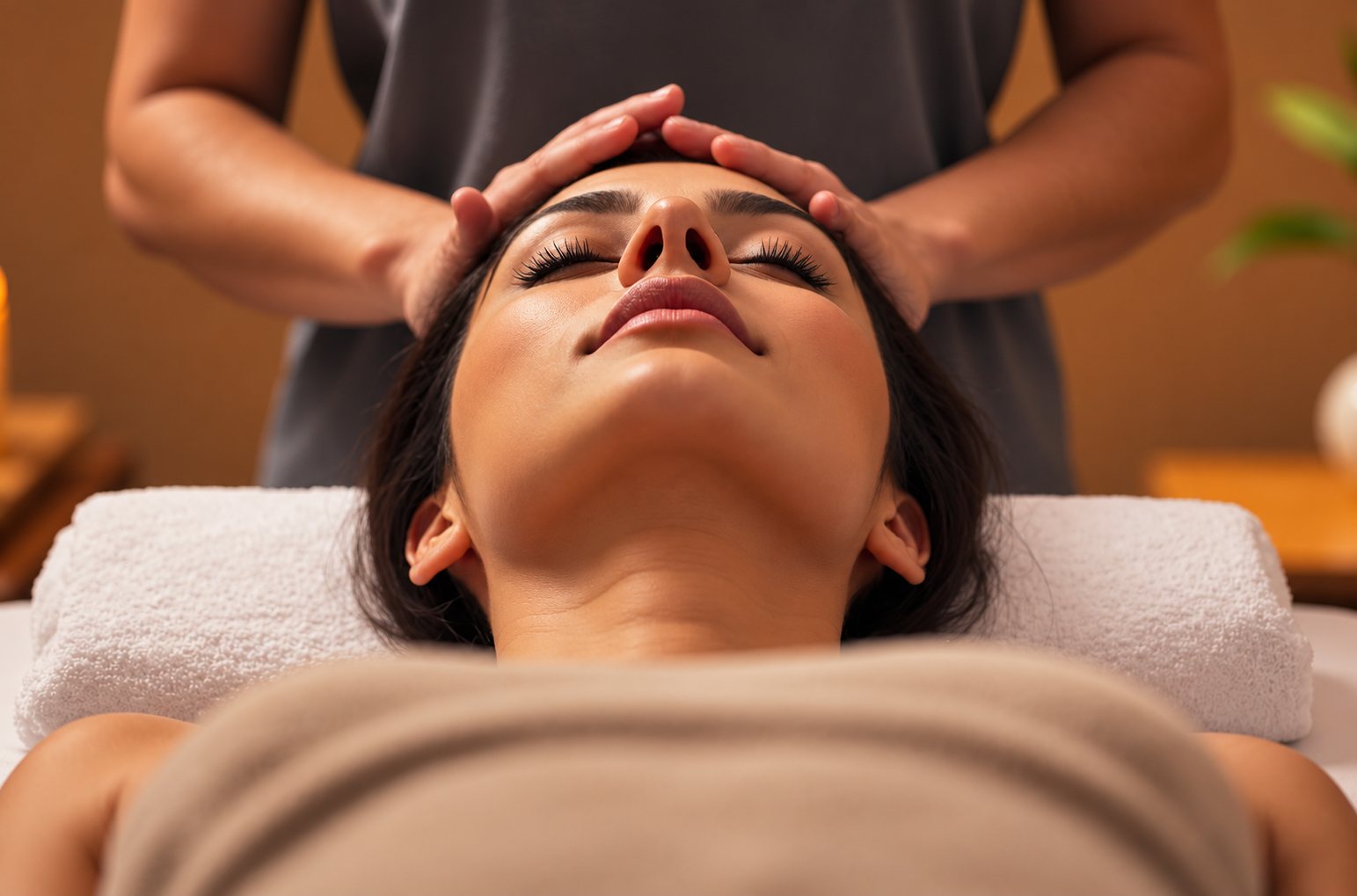 Soin relaxant du visage et de la tête dans un spa.