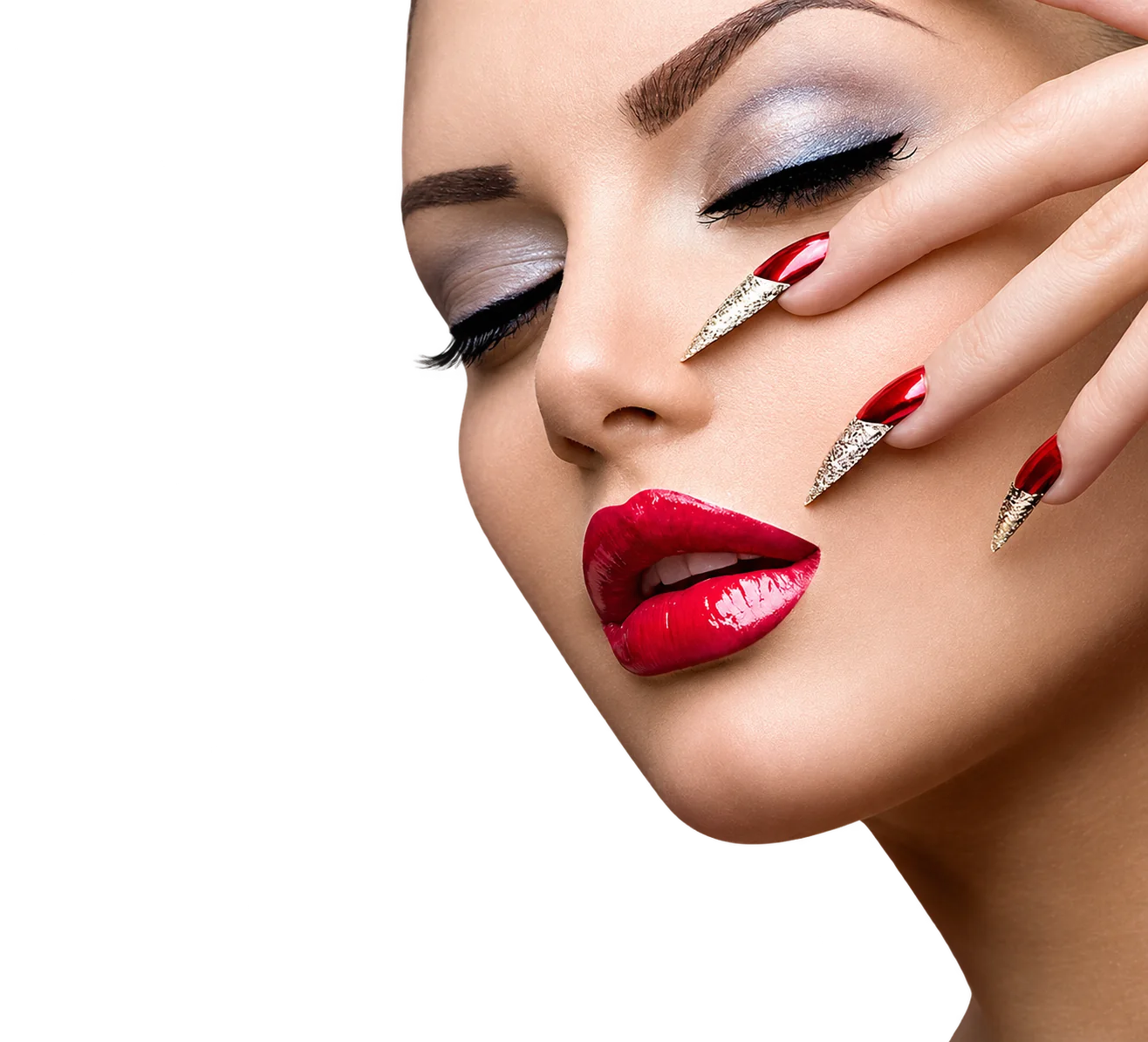 Visage de femme et ongles rouges et dorés.
